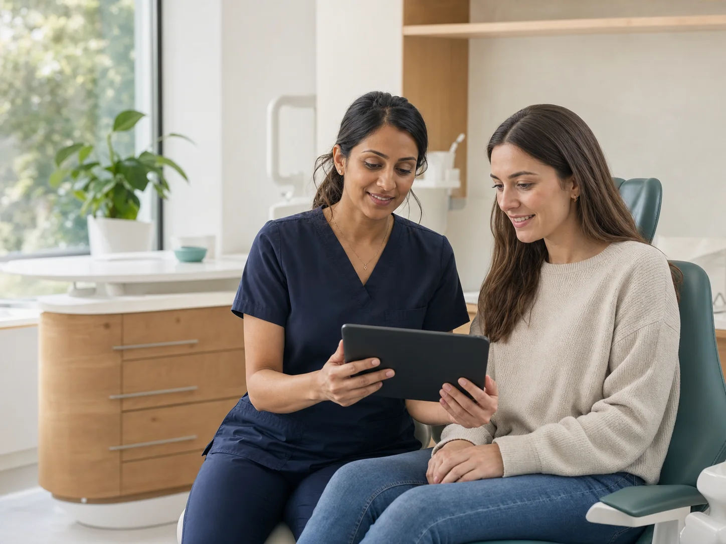 A clinician and patient reviewing treatment information together on a tablet.