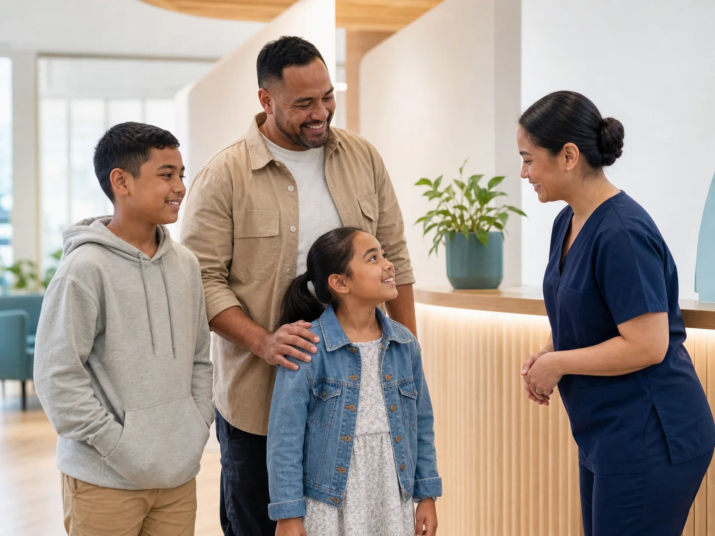 A dental nurse welcoming a father and his two children at reception.