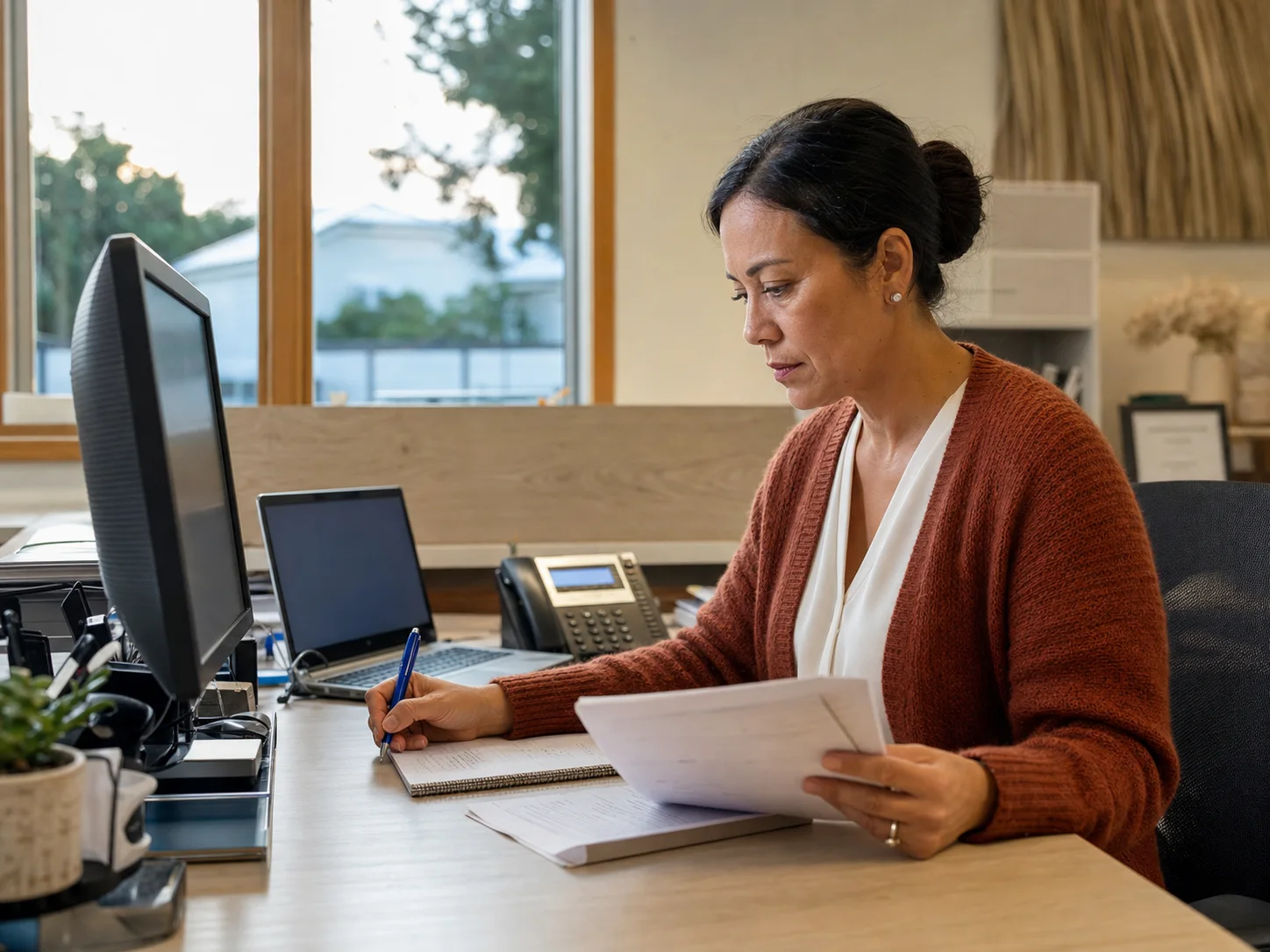 A practice manager working between two computers, paperwork and a desk phone late in the day.