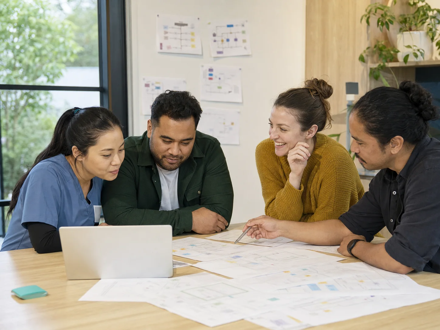 Clinicians and product specialists reviewing practice workflows together.