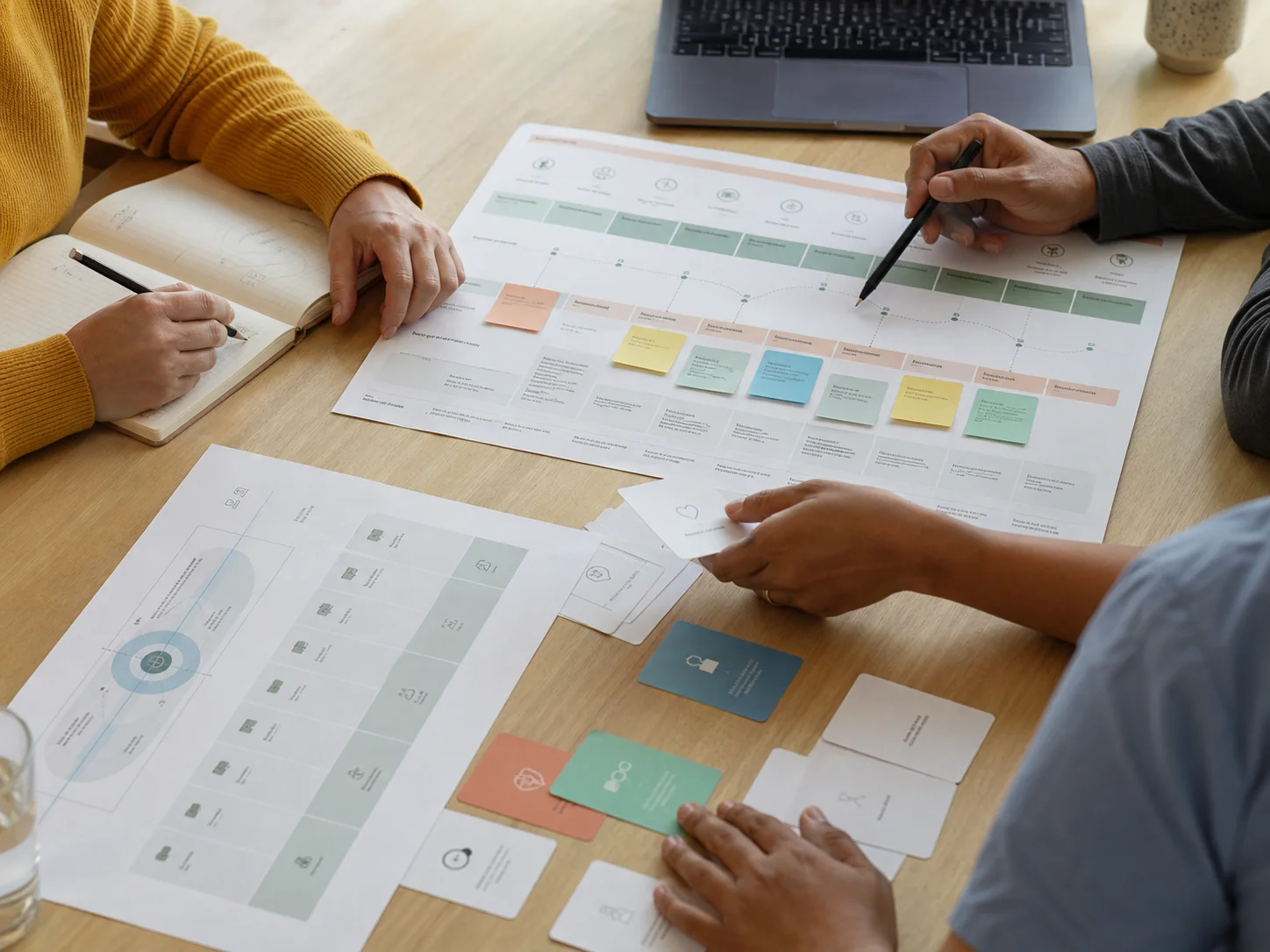 A team mapping a dental patient journey with printed workflows and cards.