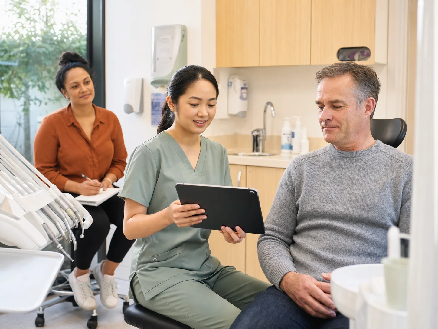 A dental hygienist testing a chairside workflow with a patient while a researcher observes.