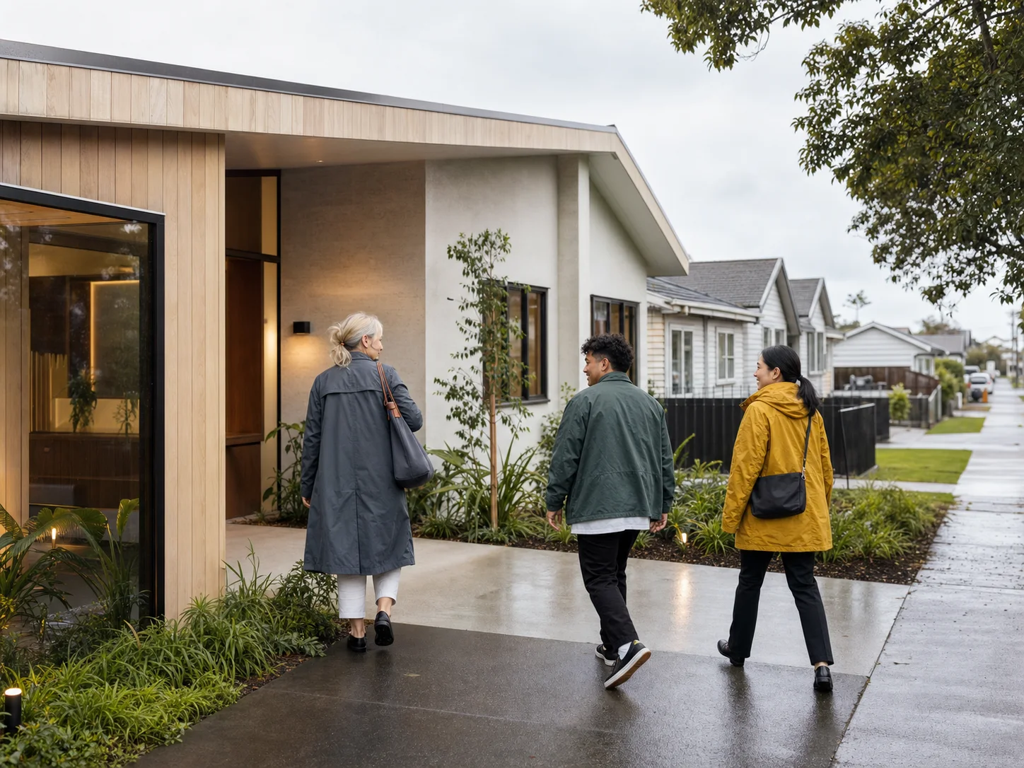 A dental team arriving at a suburban New Zealand practice on a wet morning.