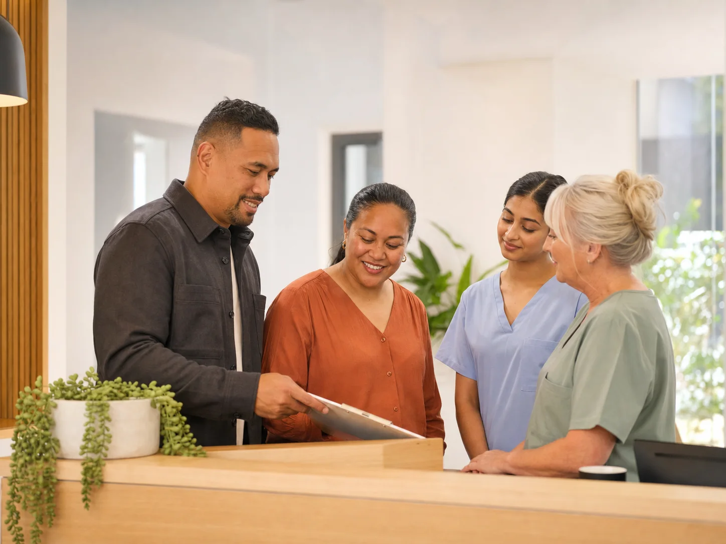 A mixed dental practice team reviewing the day together at reception.